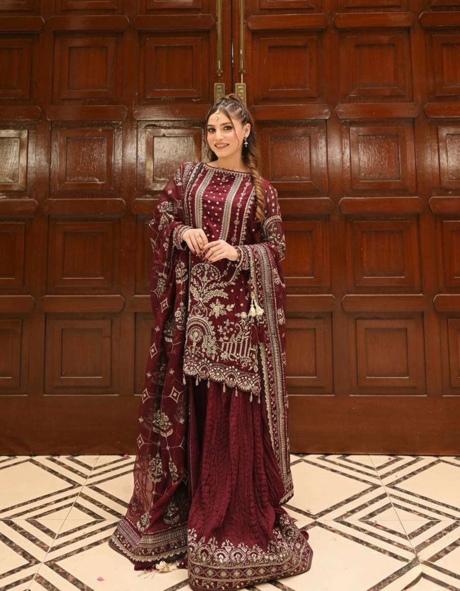 Maroon Designer Faux Georgette Plazzo Top and Dupatta For Party Wear