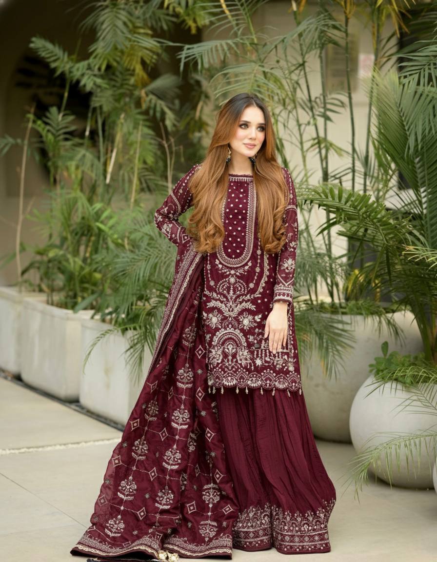 Maroon Designer Faux Georgette Plazzo Top and Dupatta For Party Wear