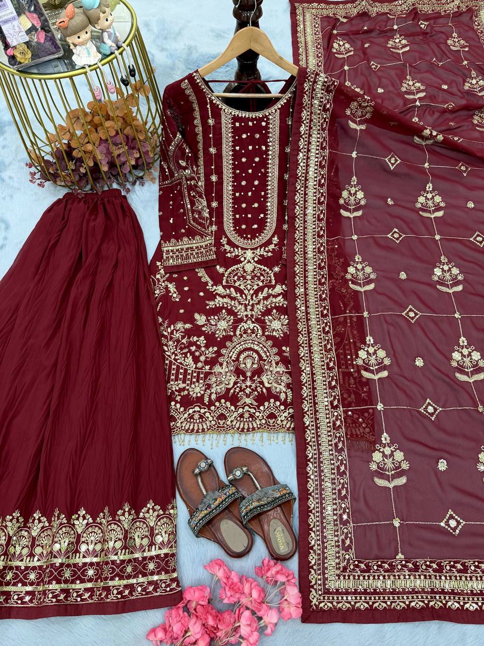 Maroon Designer Faux Georgette Plazzo Top and Dupatta For Party Wear