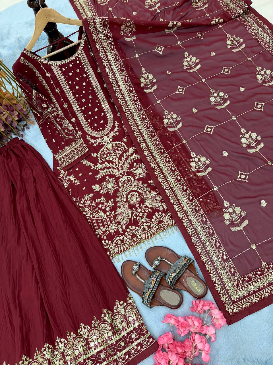 Maroon Designer Faux Georgette Plazzo Top and Dupatta For Party Wear