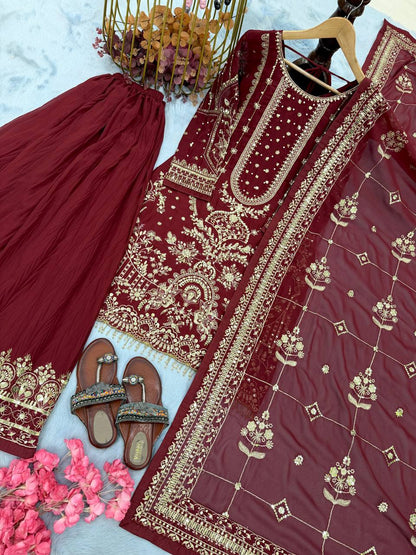 Maroon Designer Faux Georgette Plazzo Top and Dupatta For Party Wear