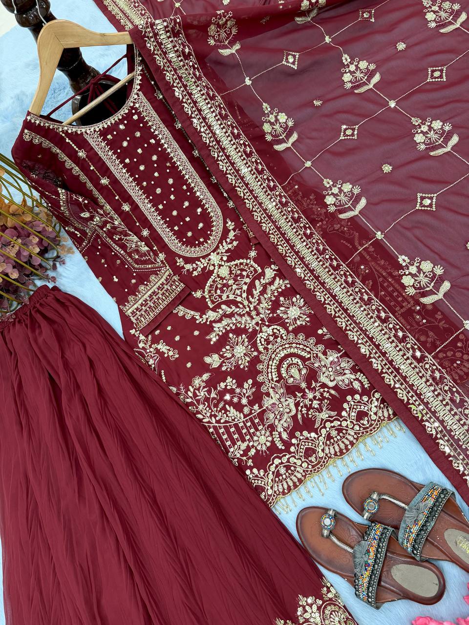 Maroon Designer Faux Georgette Plazzo Top and Dupatta For Party Wear