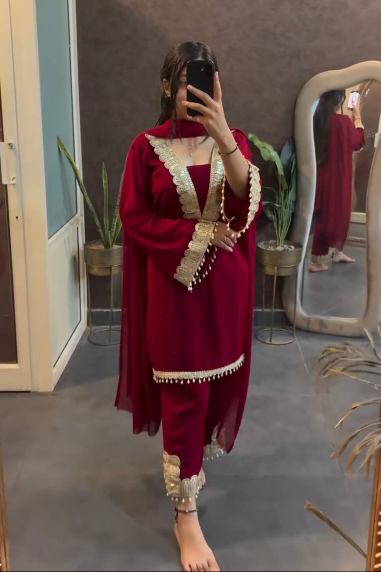 Maroon Designer Faux Georgette Sharara Suit and Dupatta For Party Wear