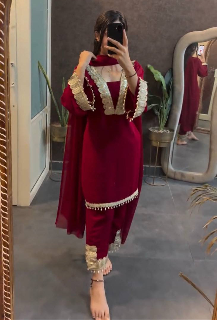 Maroon Designer Faux Georgette Sharara Suit and Dupatta For Party Wear