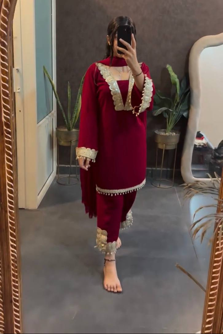 Maroon Designer Faux Georgette Sharara Suit and Dupatta For Party Wear