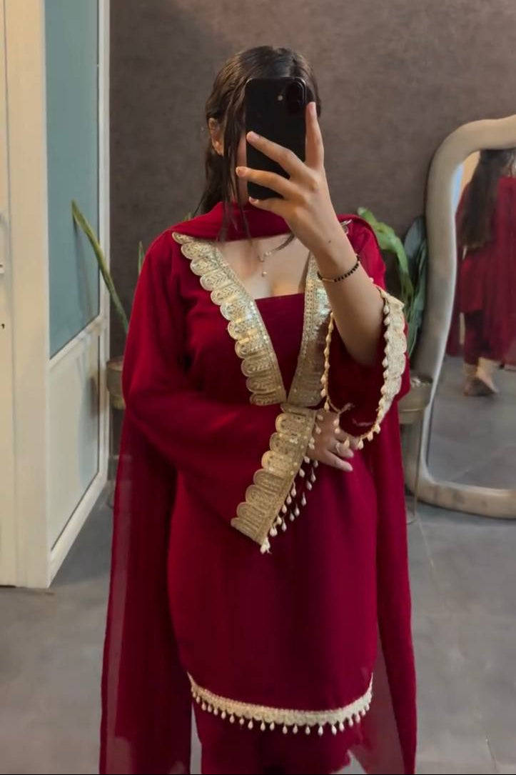 Maroon Designer Faux Georgette Sharara Suit and Dupatta For Party Wear