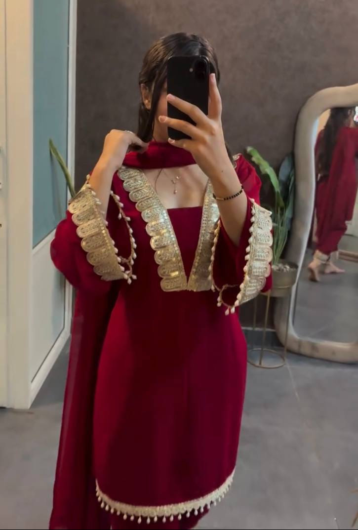 Maroon Designer Faux Georgette Sharara Suit and Dupatta For Party Wear