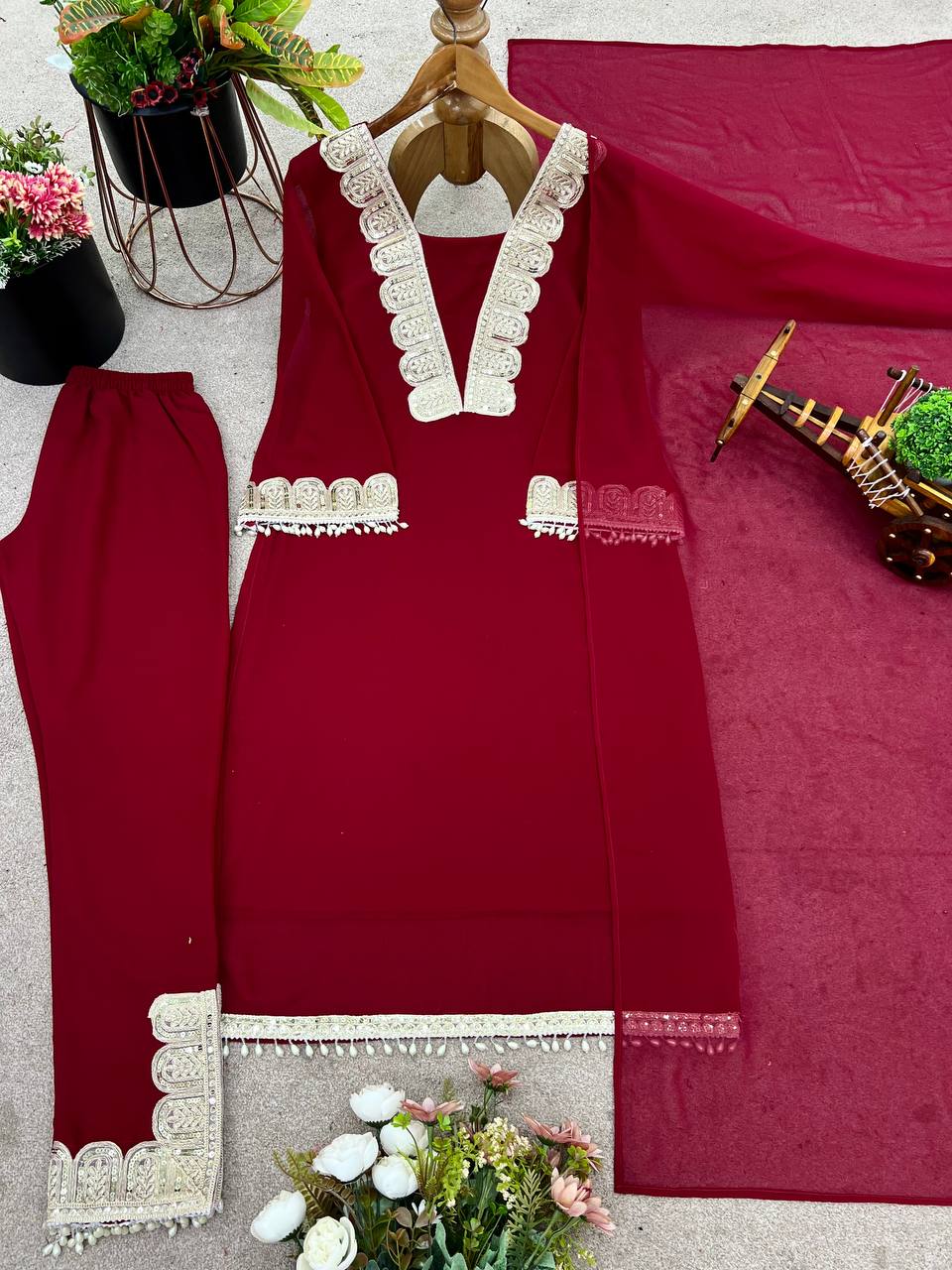 Maroon Designer Faux Georgette Sharara Suit and Dupatta For Party Wear