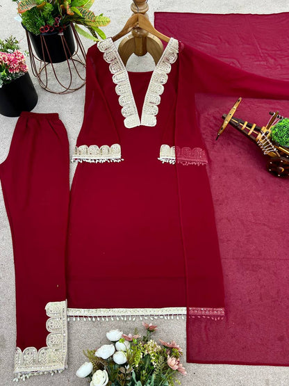 Maroon Designer Faux Georgette Sharara Suit and Dupatta For Party Wear
