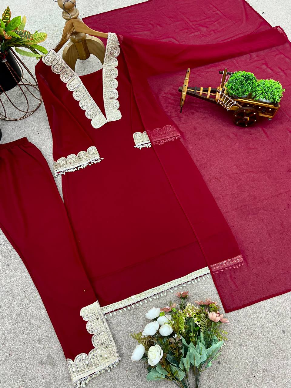 Maroon Designer Faux Georgette Sharara Suit and Dupatta For Party Wear