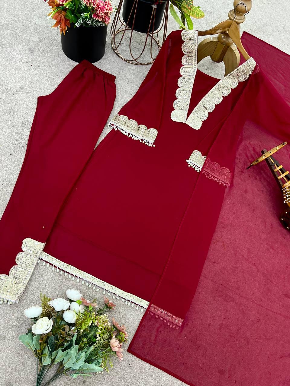 Maroon Designer Faux Georgette Sharara Suit and Dupatta For Party Wear