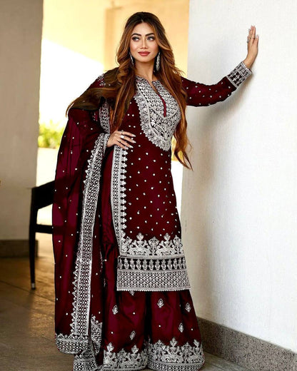 Maroon Designer Faux Georgette Top Gharara & Dupatta For Party Wear