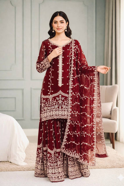 Maroon Designer Fendy Silk Top Bottom and Dupatta For Party Wear