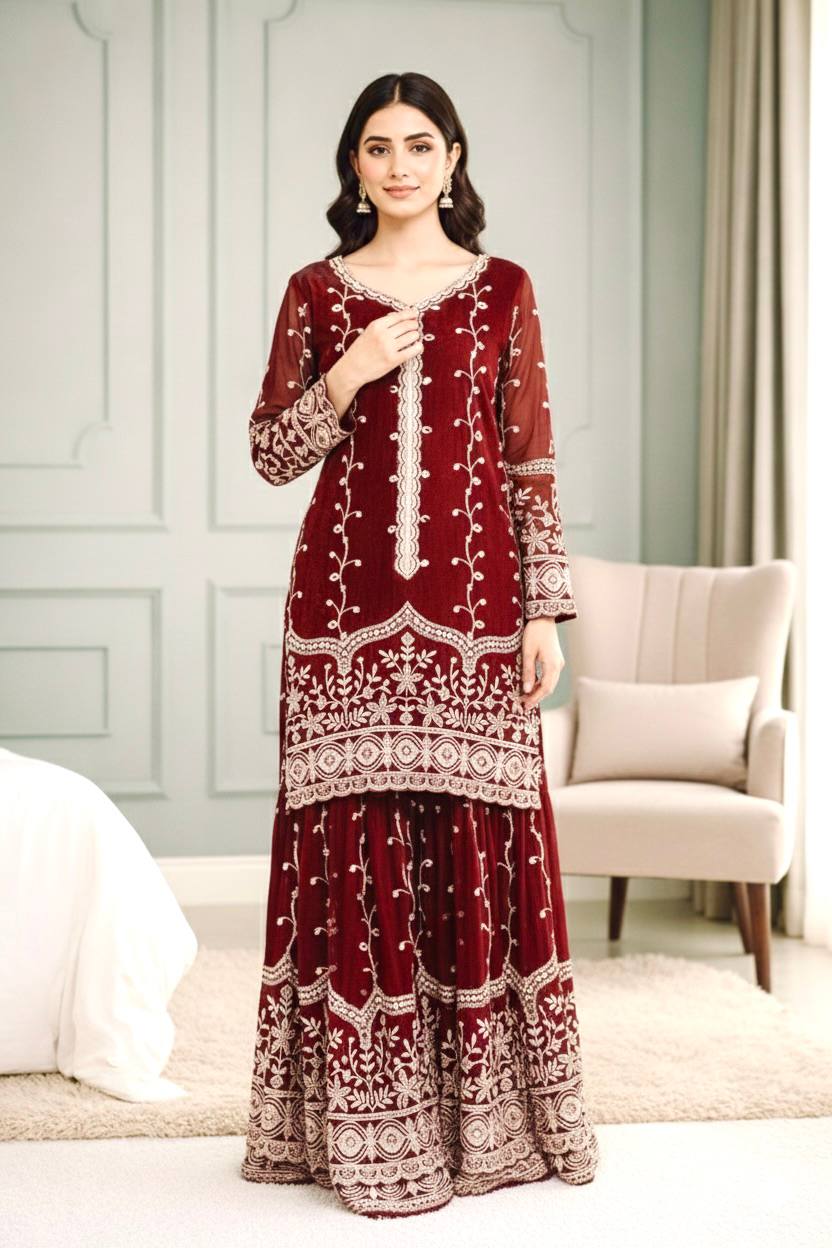 Maroon Designer Fendy Silk Top Bottom and Dupatta For Party Wear