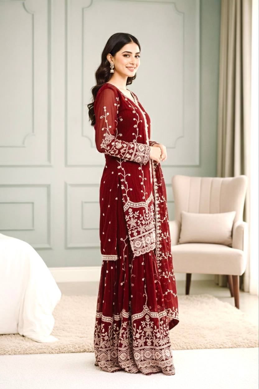 Maroon Designer Fendy Silk Top Bottom and Dupatta For Party Wear