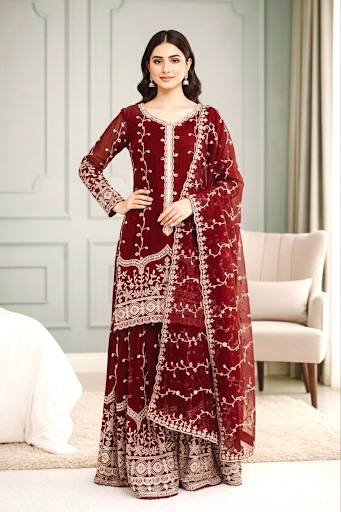 Maroon Designer Fendy Silk Top Bottom and Dupatta For Party Wear