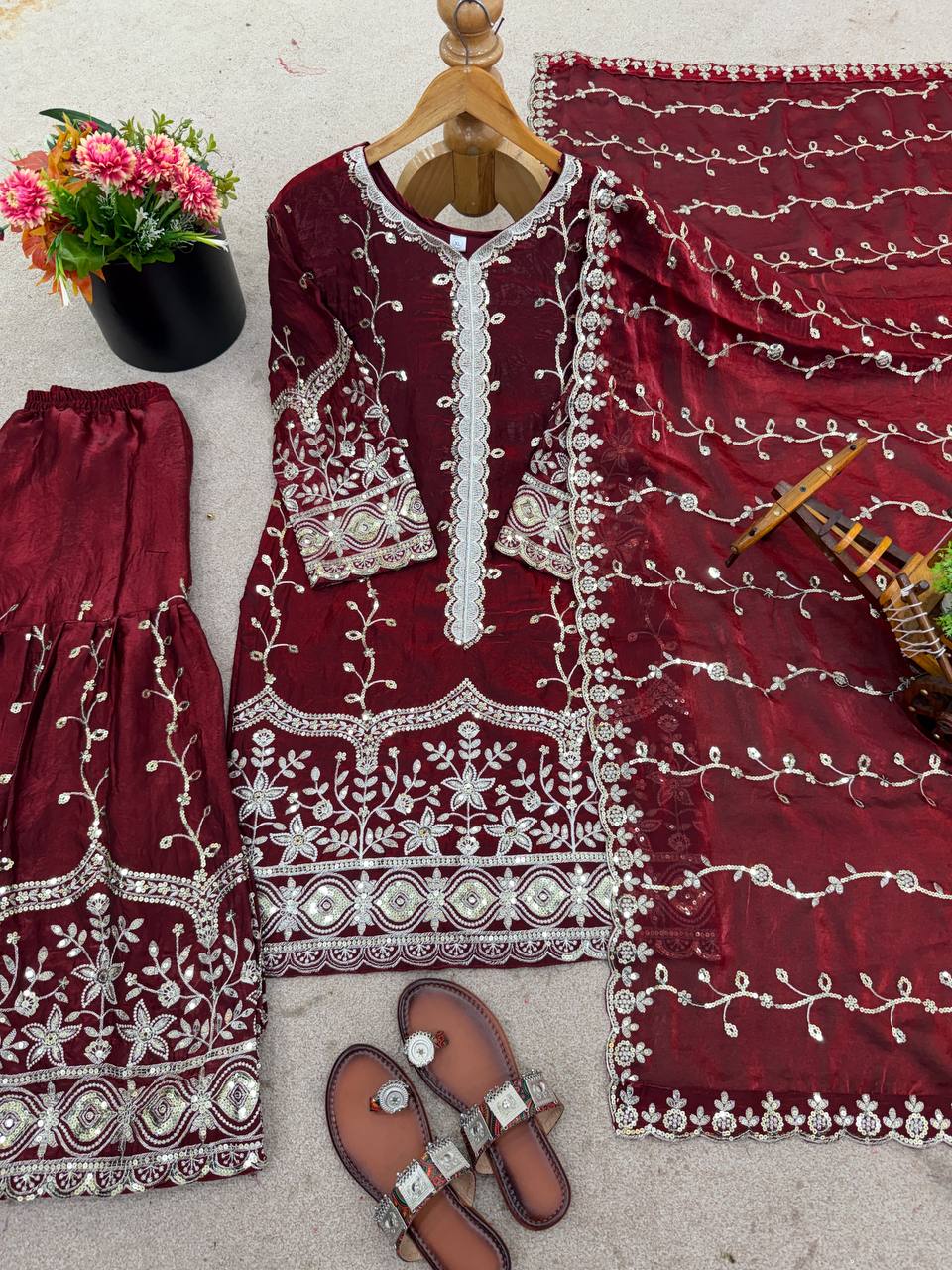 Maroon Designer Fendy Silk Top Bottom and Dupatta For Party Wear