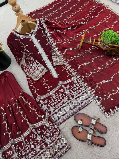 Maroon Designer Fendy Silk Top Bottom and Dupatta For Party Wear