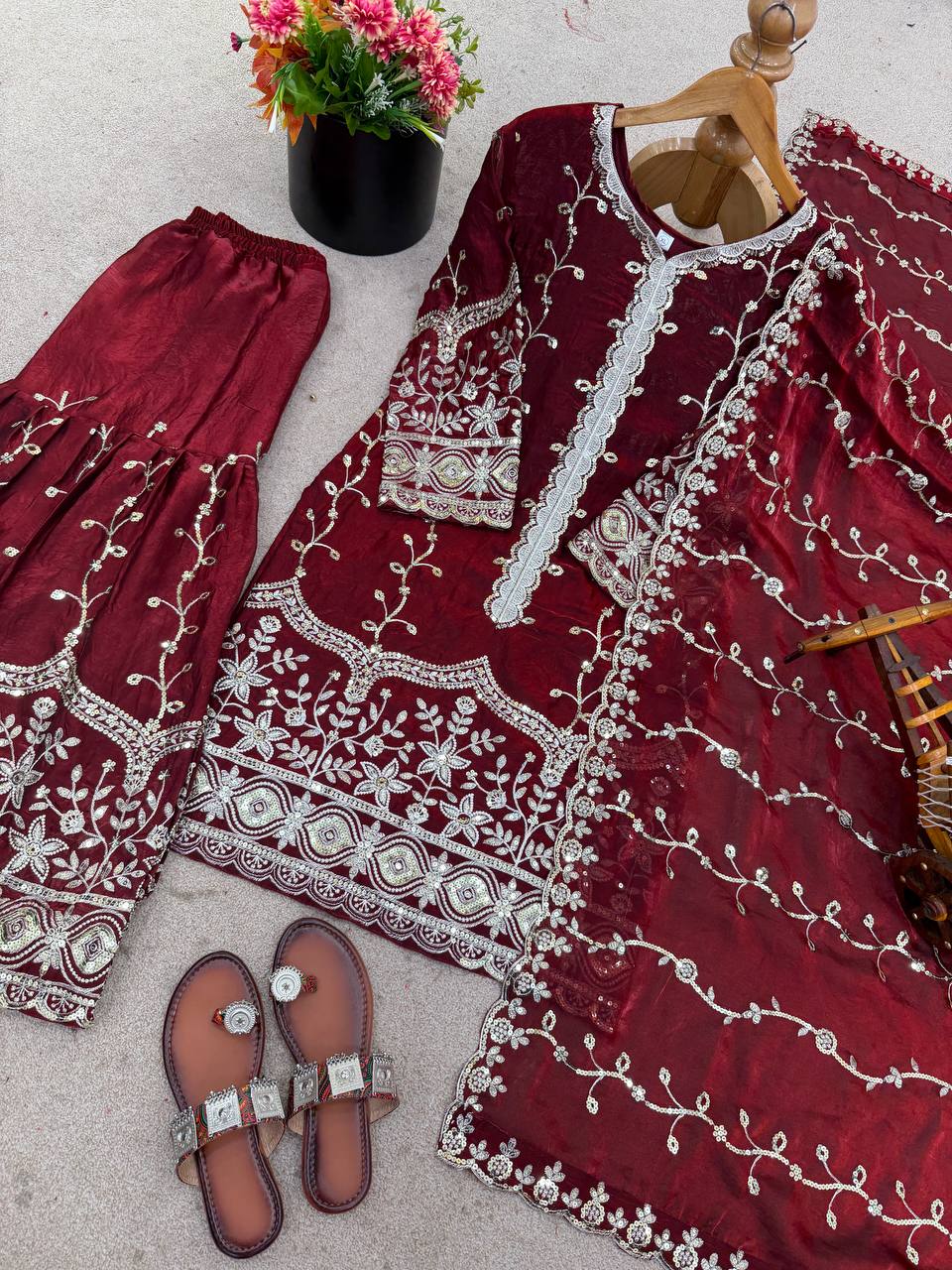 Maroon Designer Fendy Silk Top Bottom and Dupatta For Party Wear