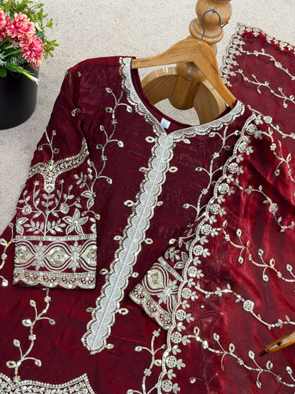 Maroon Designer Fendy Silk Top Bottom and Dupatta For Party Wear