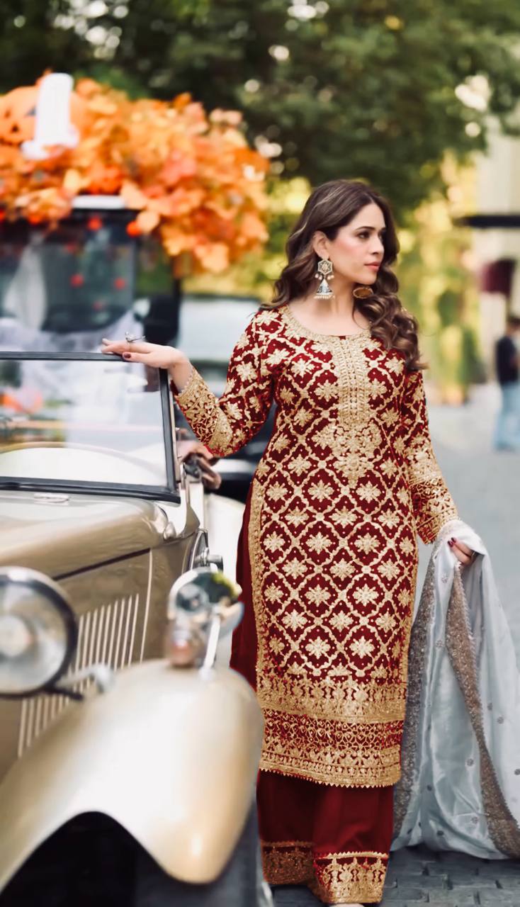 Maroon Designer Georgette Chain Palazzo and Dupatta For Party Wear