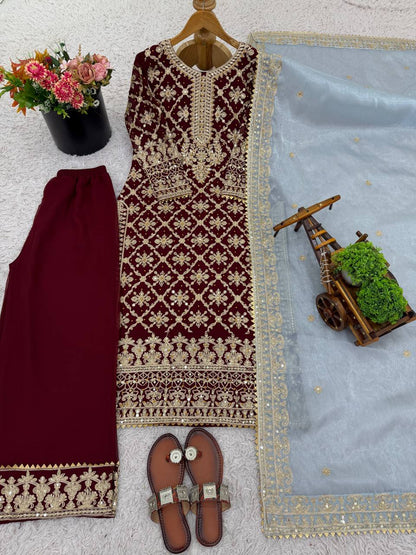 Maroon Designer Georgette Chain Palazzo and Dupatta For Party Wear