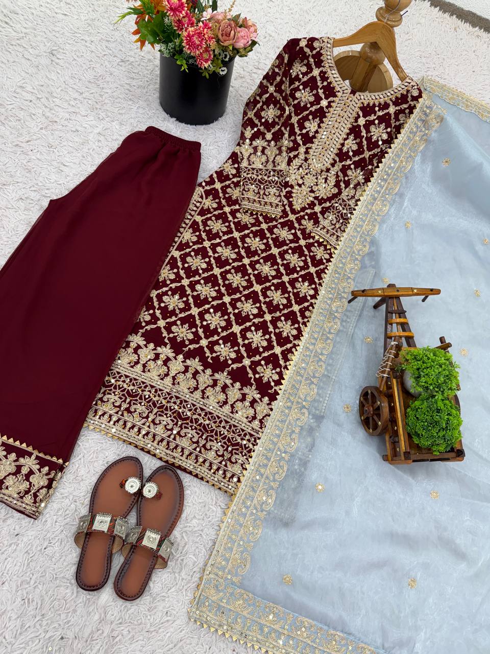 Maroon Designer Georgette Chain Palazzo and Dupatta For Party Wear