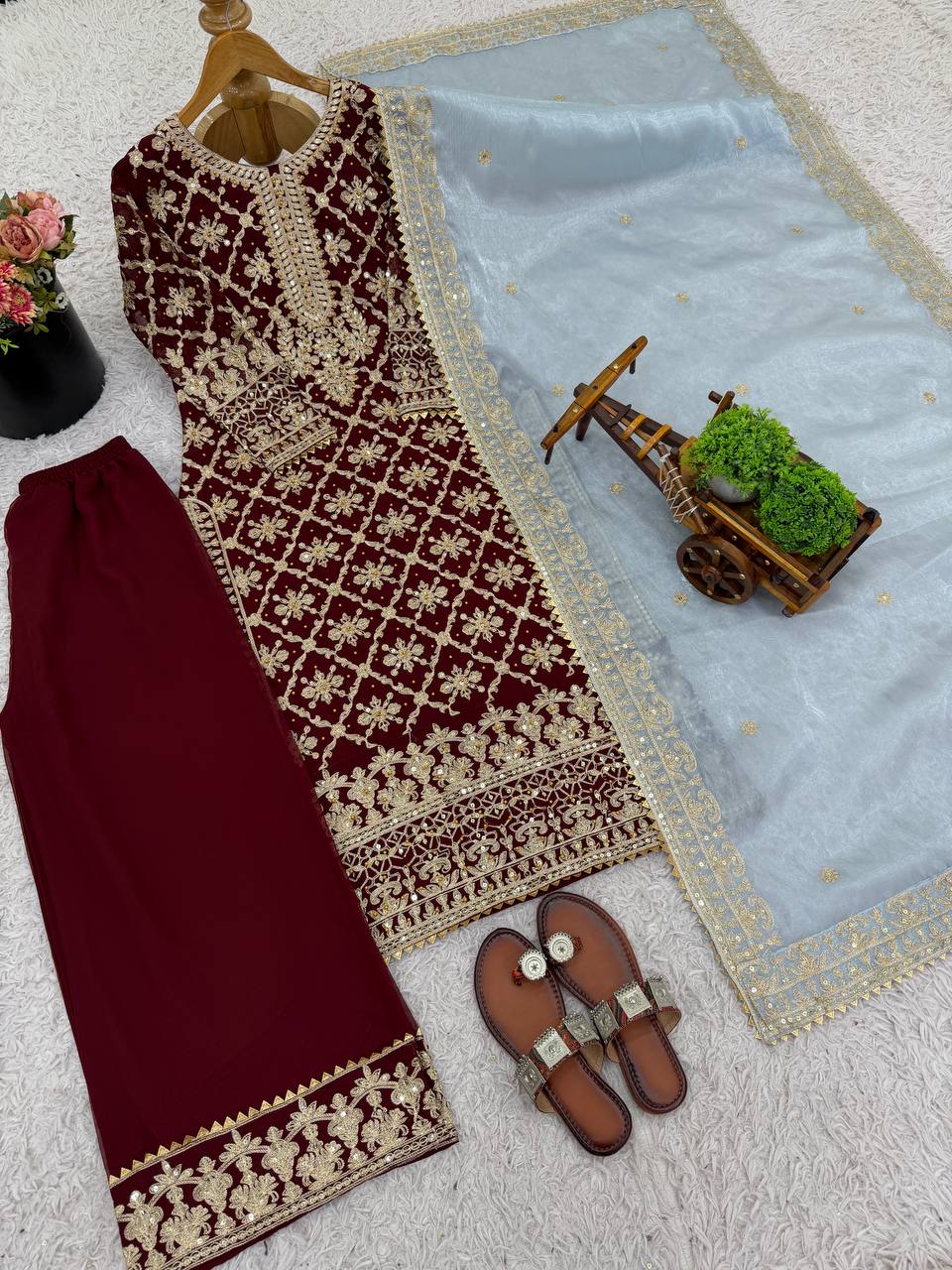 Maroon Designer Georgette Chain Palazzo and Dupatta For Party Wear