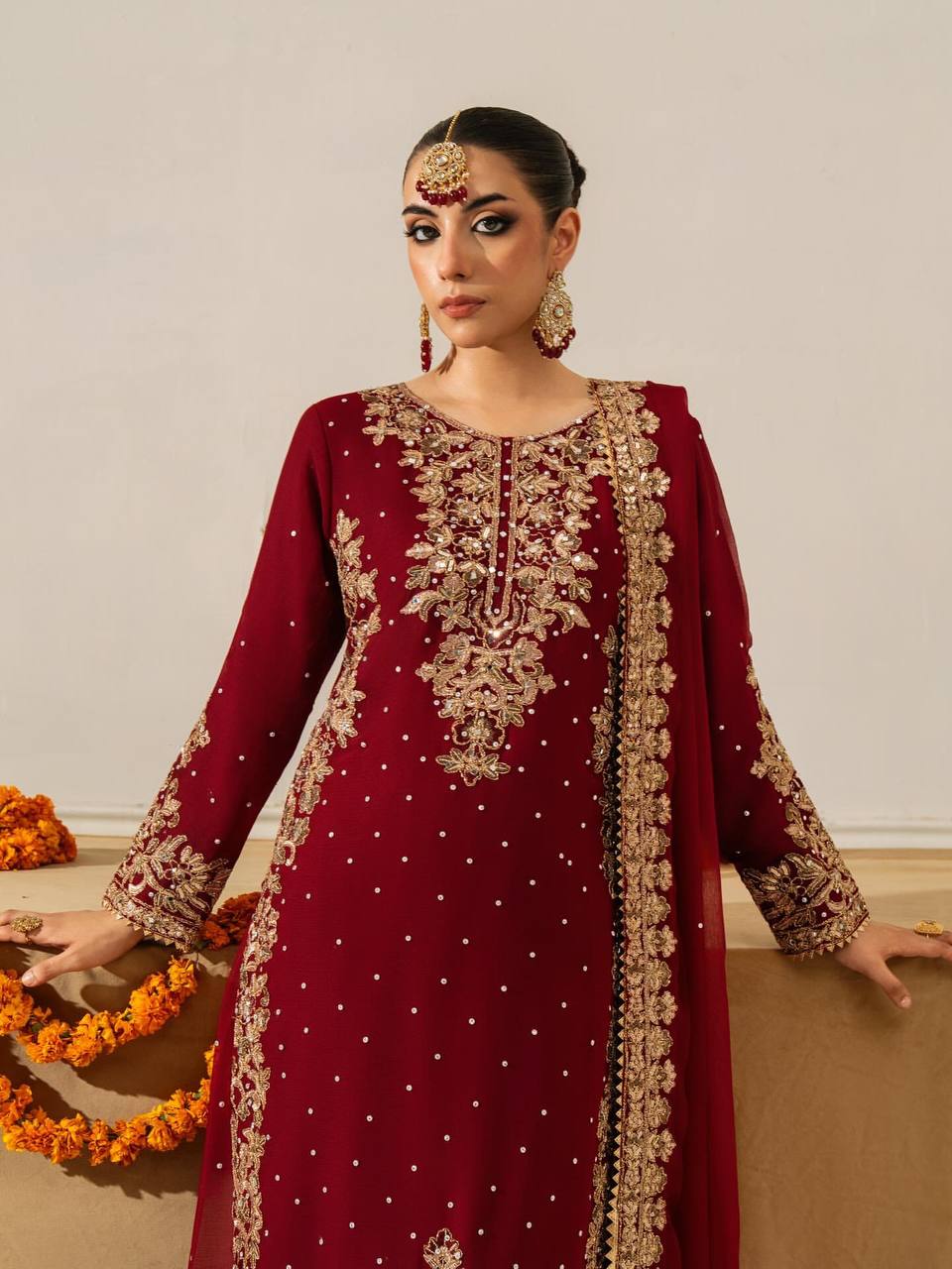 Maroon Designer Georgette Coding Top Bottom and Dupatta For Party Wear