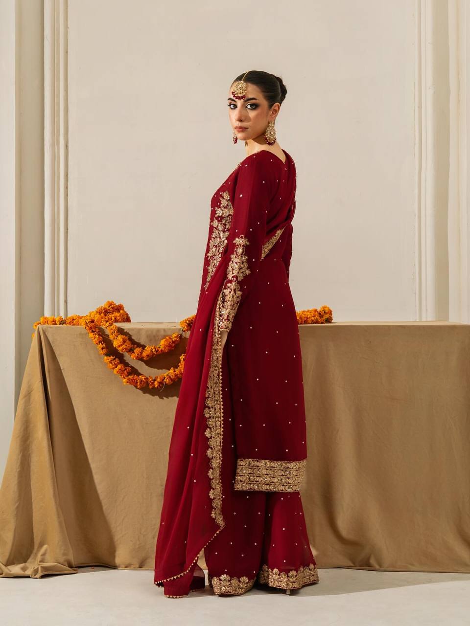 Maroon Designer Georgette Coding Top Bottom and Dupatta For Party Wear