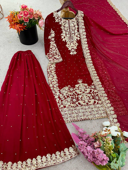 Maroon Designer Georgette Coding Top Bottom and Dupatta For Party Wear