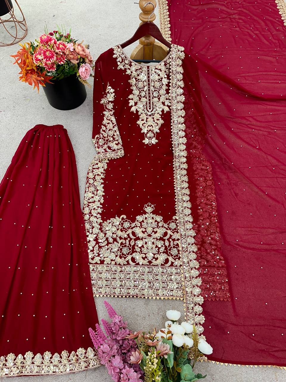 Maroon Designer Georgette Coding Top Bottom and Dupatta For Party Wear