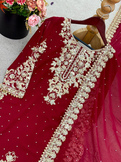 Maroon Designer Georgette Coding Top Bottom and Dupatta For Party Wear