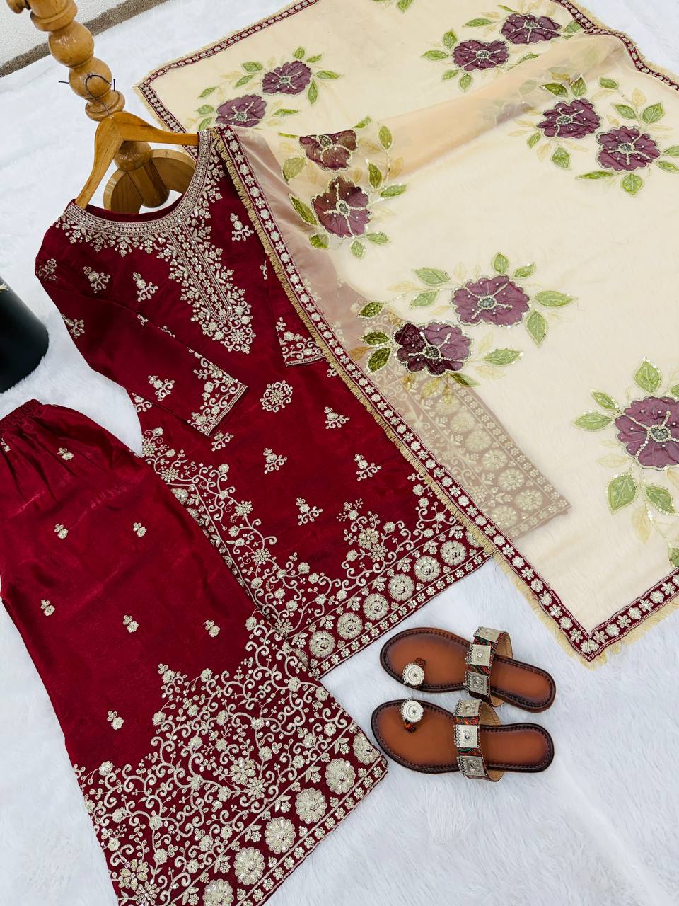 Maroon Designer GMY Silk Embroidery Palazzo Suit and Dupatta