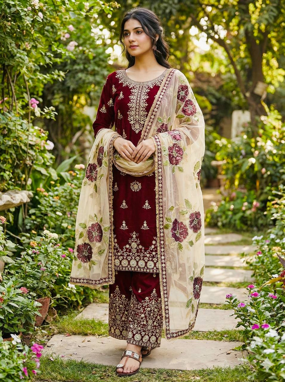 Maroon Designer GMY Silk Embroidery Palazzo Suit and Dupatta