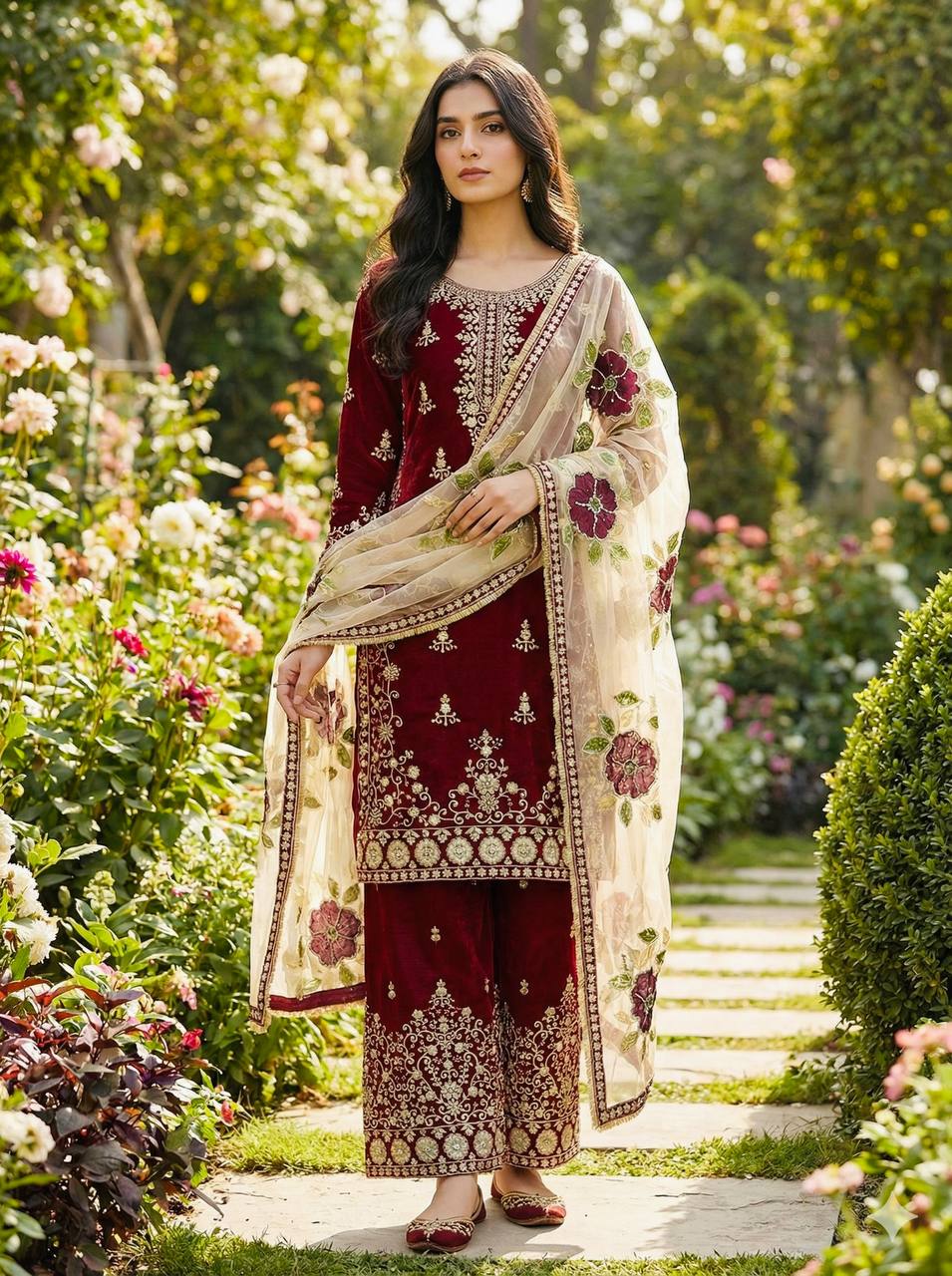 Maroon Designer GMY Silk Embroidery Palazzo Suit and Dupatta