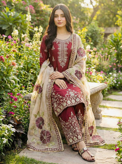 Maroon Designer GMY Silk Embroidery Palazzo Suit and Dupatta