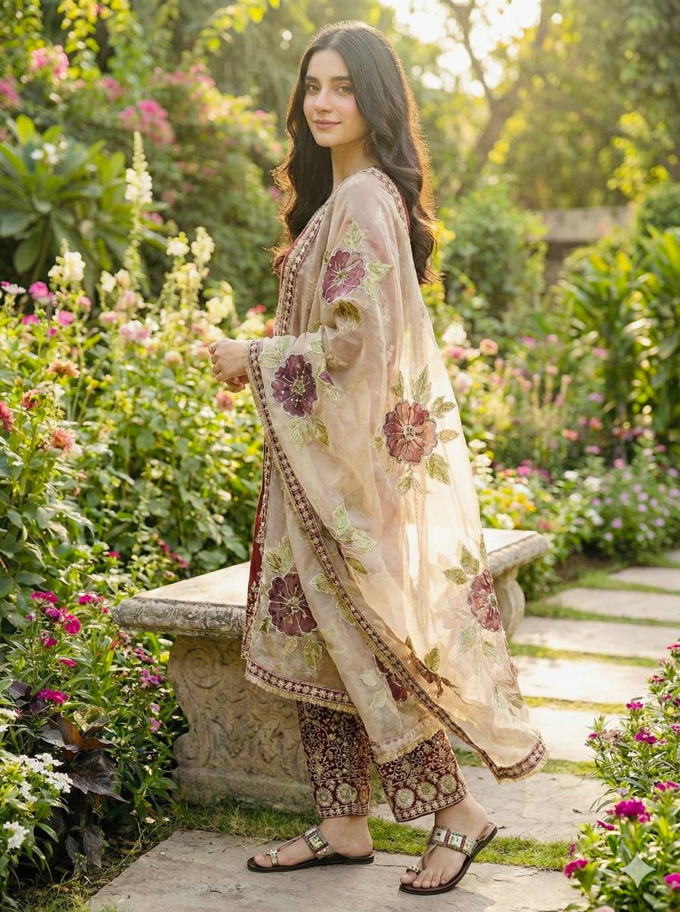 Maroon Designer GMY Silk Embroidery Palazzo Suit and Dupatta