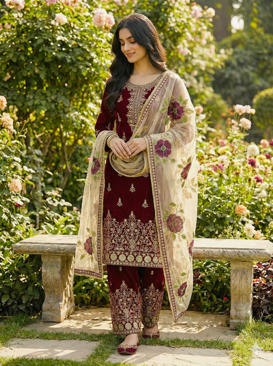 Maroon Designer GMY Silk Embroidery Palazzo Suit and Dupatta