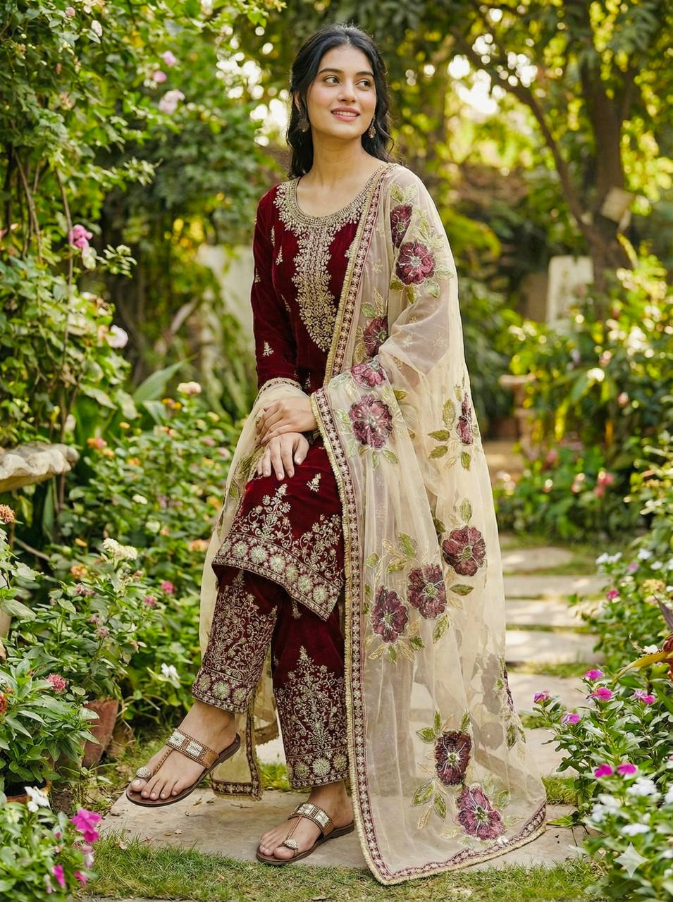 Maroon Designer GMY Silk Embroidery Palazzo Suit and Dupatta