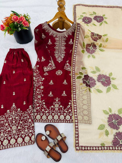 Maroon Designer GMY Silk Embroidery Palazzo Suit and Dupatta