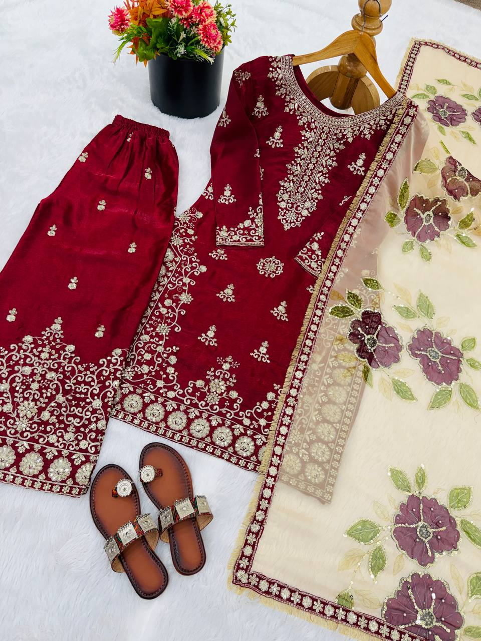 Maroon Designer GMY Silk Embroidery Palazzo Suit and Dupatta