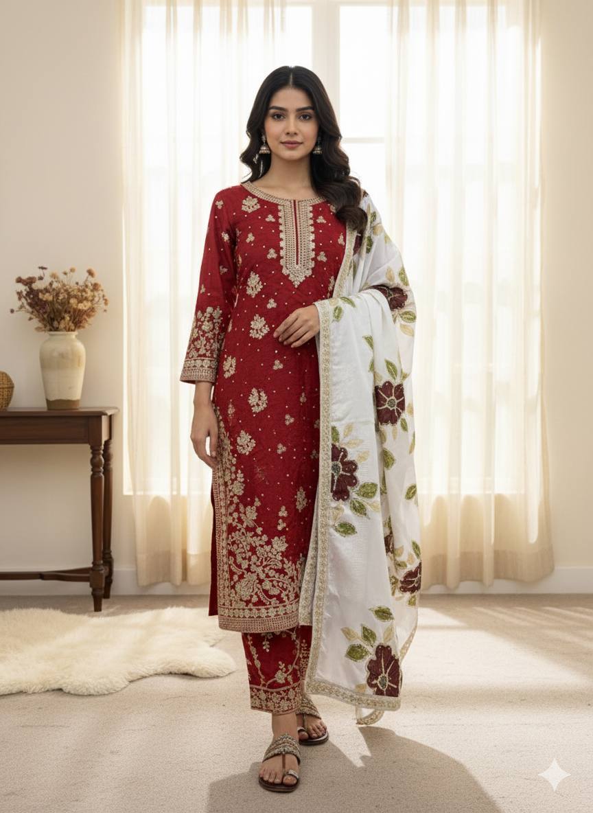 Maroon Designer GMY Silk Embroidery Plazzo Suit and Dupatta