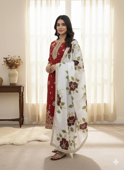 Maroon Designer GMY Silk Embroidery Plazzo Suit and Dupatta