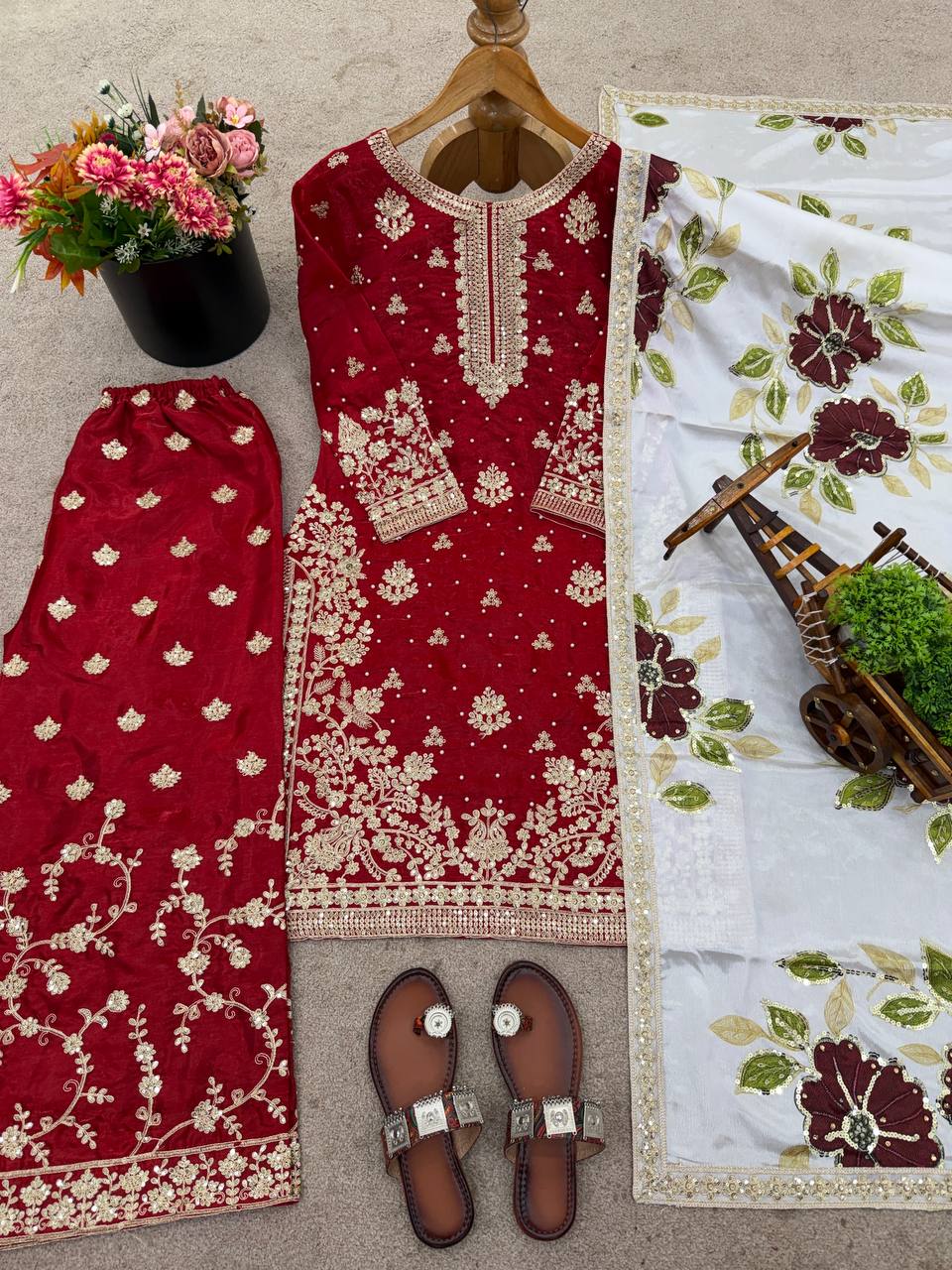 Maroon Designer GMY Silk Embroidery Plazzo Suit and Dupatta