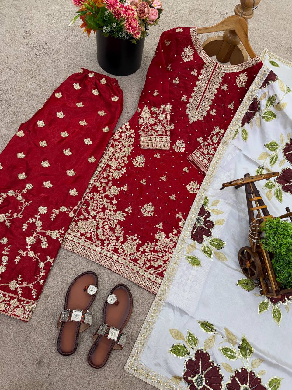 Maroon Designer GMY Silk Embroidery Plazzo Suit and Dupatta