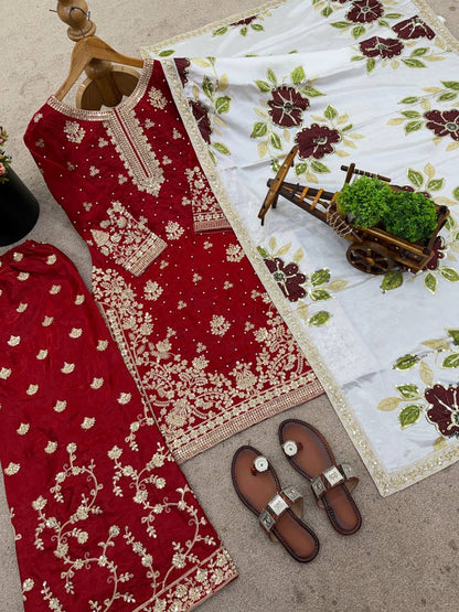 Maroon Designer GMY Silk Embroidery Plazzo Suit and Dupatta