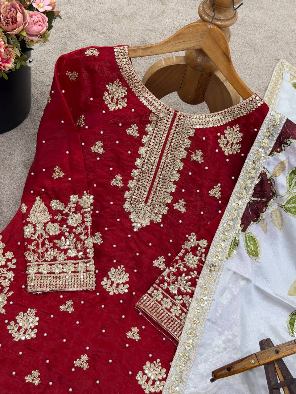Maroon Designer GMY Silk Embroidery Plazzo Suit and Dupatta