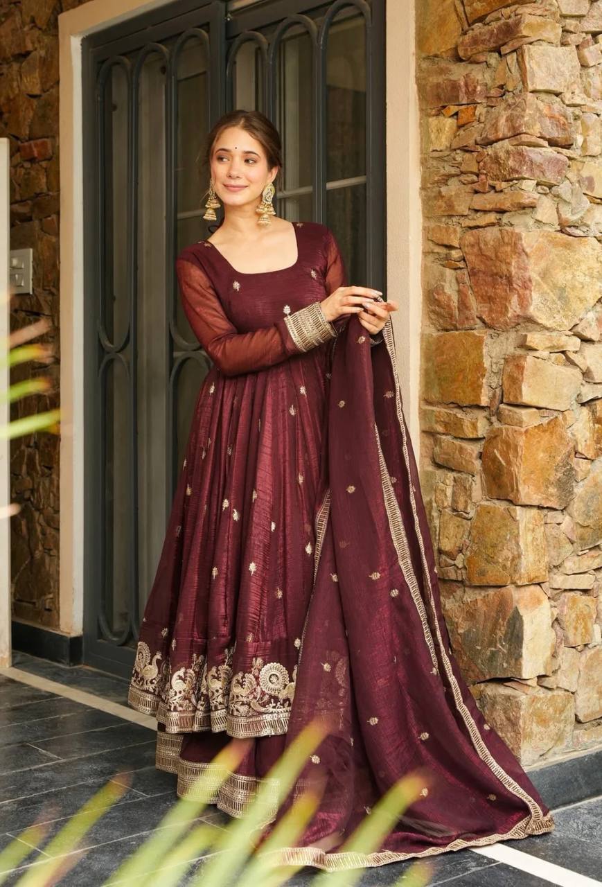 Maroon Designer Heavy Crunchy Silk Top Bottom and Dupatta For Party Wear