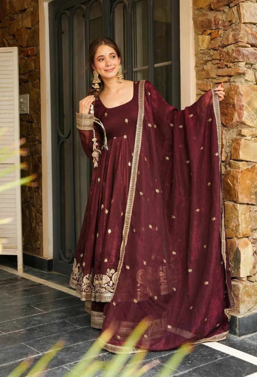 Maroon Designer Heavy Crunchy Silk Top Bottom and Dupatta For Party Wear